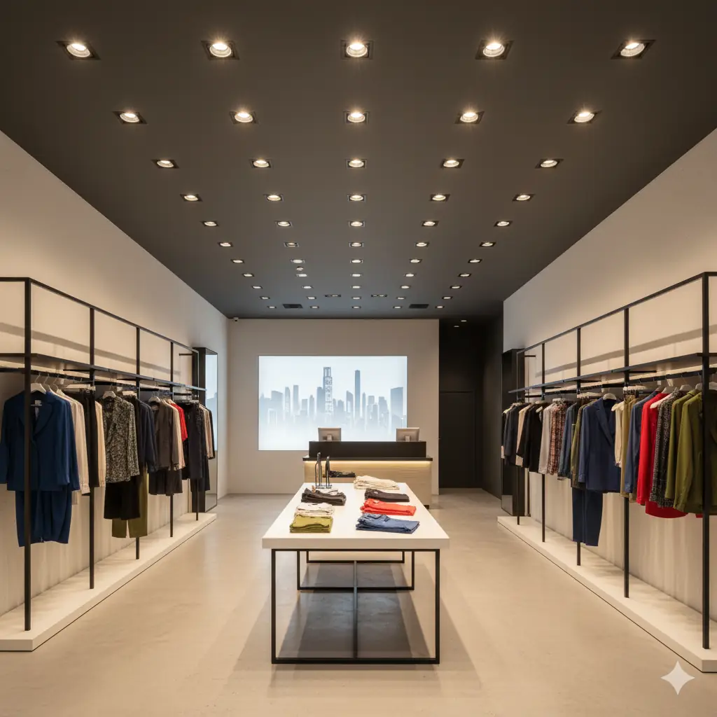 Numerous recessed LED spotlights used to illuminate products in a clothing store